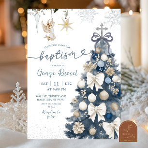 Blauwe Winter Coquette Boog Kerst Doop Kaart