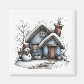 Blauwe Winter Cottage Kerstmagneet Magneet (Voorkant)