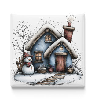 Blauwe Winter Cottage Kerstmagneet Magneet