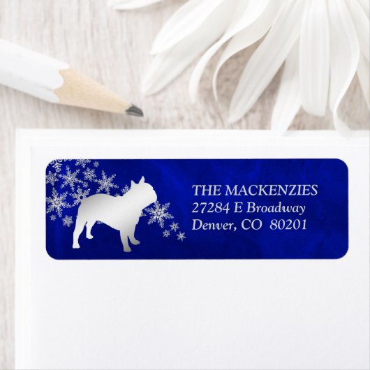 Blauwe Winter Franse Bulldog retouradres Etiket (Insitu)