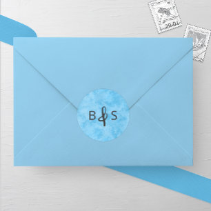 Blauwe Winter Frost Monogram Bruiloft Ronde Sticker