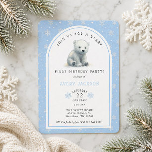 Blauwe Winter Ijsbeer Beary 1e Verjaardagsfeestje Kaart
