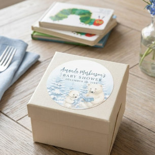 Blauwe Winter IJsbeer Watercolor Baby Shower Ronde Sticker