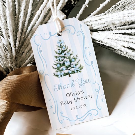 Blauwe Winter Kerstboom Baby Shower Cadeaulabel