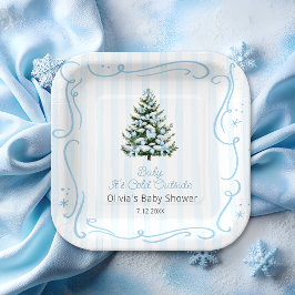 Blauwe Winter Kerstboom Baby Shower Papieren Bordje