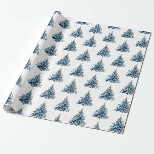 Blauwe Winter Kerstboom Gouden Ster Cadeaupapier (Uitgerold)