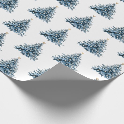Blauwe Winter Kerstboom Gouden Ster Cadeaupapier (Hoek)