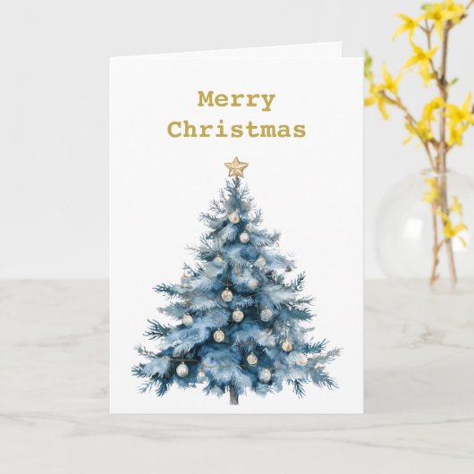 Blauwe Winter Kerstboom Gouden Ster Kaart (Gele Bloem)