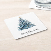 Blauwe Winter Kerstboom Gouden Ster Kartonnen Onderzetters (Schuin)