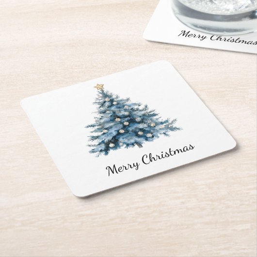 Blauwe Winter Kerstboom Gouden Ster Kartonnen Onderzetters (Schuin)
