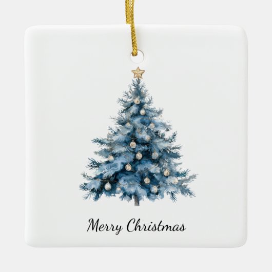 Blauwe Winter Kerstboom Gouden Ster Keramisch Ornament (Voorkant)