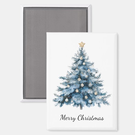 Blauwe Winter Kerstboom Gouden Ster Magneet (Voorkant / Achterkant)