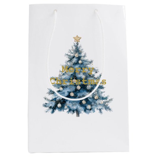 Blauwe Winter Kerstboom Gouden Ster Medium Cadeauzakje (Voorkant)
