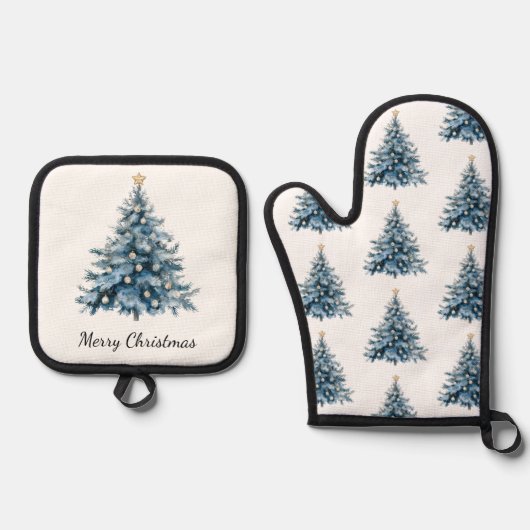 Blauwe Winter Kerstboom Gouden Ster Ovenwant & Pannenlap Set (Voorkant)