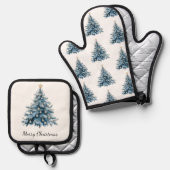 Blauwe Winter Kerstboom Gouden Ster Ovenwant & Pannenlap Set (Voorkant / Achterkant)