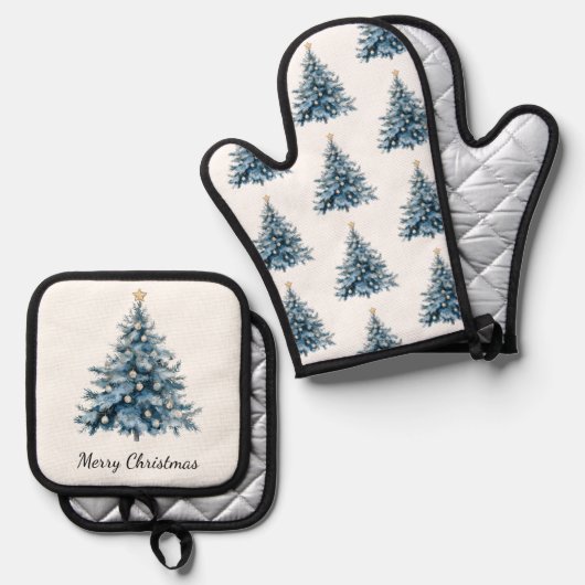 Blauwe Winter Kerstboom Gouden Ster Ovenwant & Pannenlap Set (Voorkant / Achterkant)