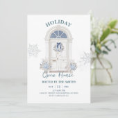 Blauwe Winter Kerstvakantie Open Huis Kaart (Staand voorkant)
