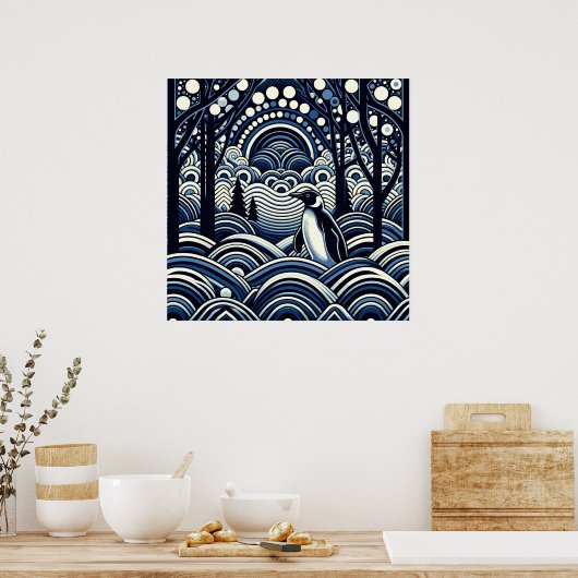 Blauwe Winter Midnight King Pinguïn Abstract Woud Poster (Keuken)