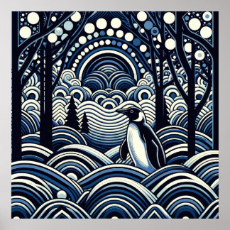 Blauwe Winter Midnight King Pinguïn Abstract Woud Poster