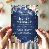 Blauwe winter Onederland Floral Baby eerste verjaa Kaart