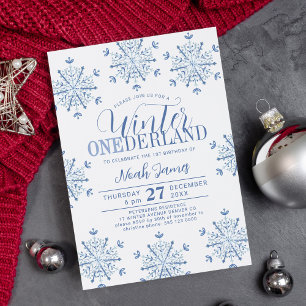 Blauwe Winter Onederland jongen 1e verjaardagsfees Kaart