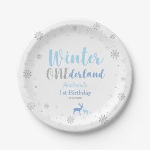 Blauwe Winter Onederland Jongen 1e Verjaardagsfees Papieren Bordje