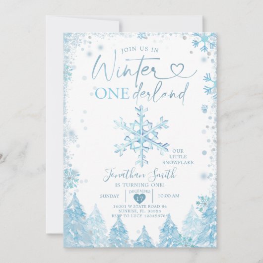 Blauwe winter Onederland Snowflake 1e verjaardag Kaart (Voorkant)