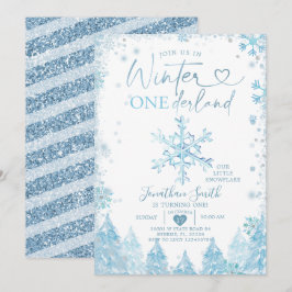 Blauwe winter Onederland Snowflake 1e verjaardag Kaart