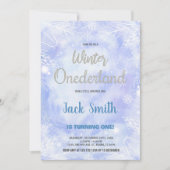 Blauwe Winter ONEderland Uitnodigingen Zilveren Gl (Voorkant)
