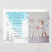 Blauwe Winter Onederland Verjaardag Uitnodiging Fo (Voorkant / Achterkant)