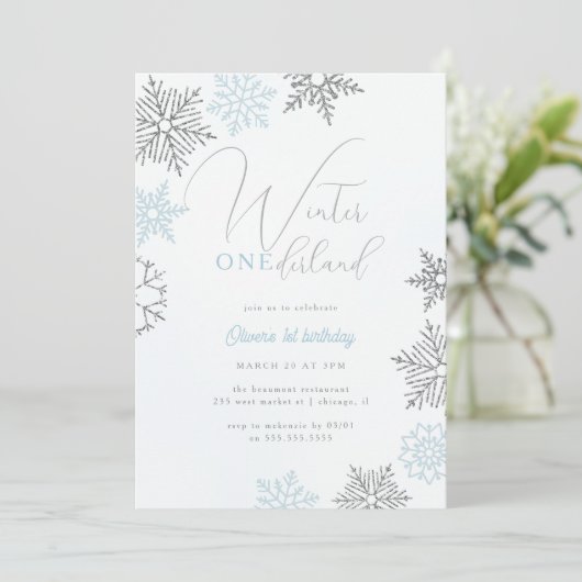 Blauwe Winter Onederland Zilveren Glitter 1e Verja Kaart (Staand voorkant)