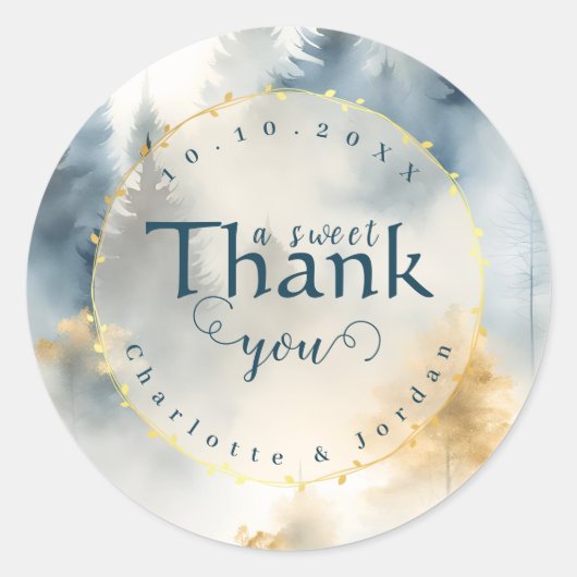 Blauwe Winter Pine Tree Forest Wedding Dank u Ronde Sticker (Voorkant)