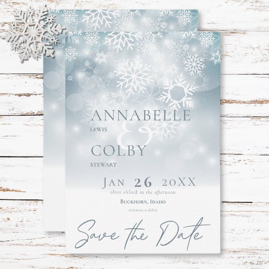 Blauwe Winter Sneeuw Moderne Bruiloft Save The Date