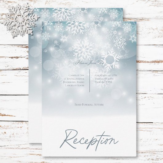 Blauwe Winter Sneeuw Moderne Receptie Bruiloft Informatiekaartje