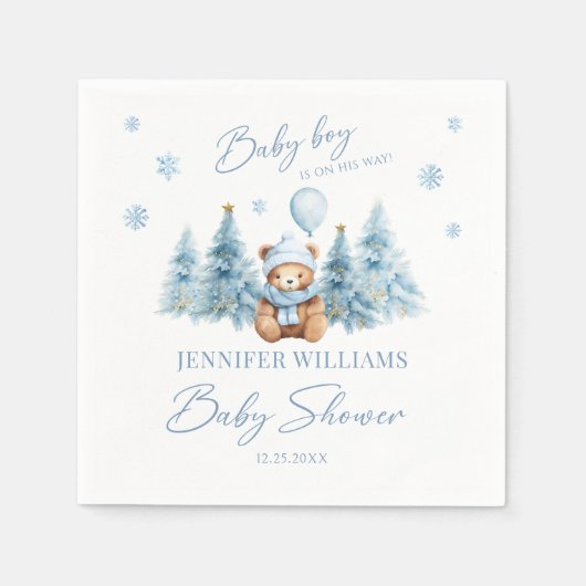 Blauwe Winter Sneeuw Teddy Bear Baby Boy Douche Pa Servet (Voorkant)