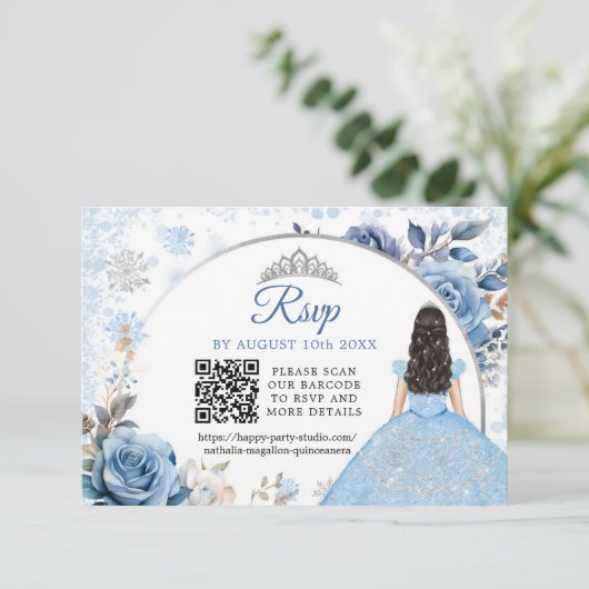 Blauwe Winter Sneeuwvlok Mis Quince QR Code RSVP (Staand voorkant)