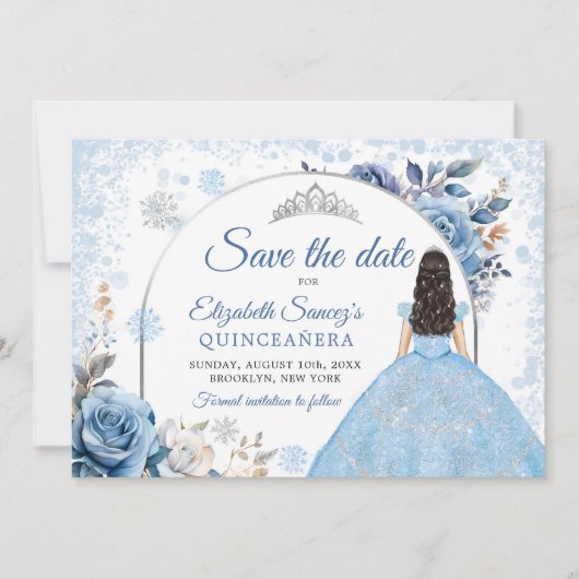 Blauwe Winter Sneeuwvlok Mis Quince Save The Date Kaart (Voorkant)