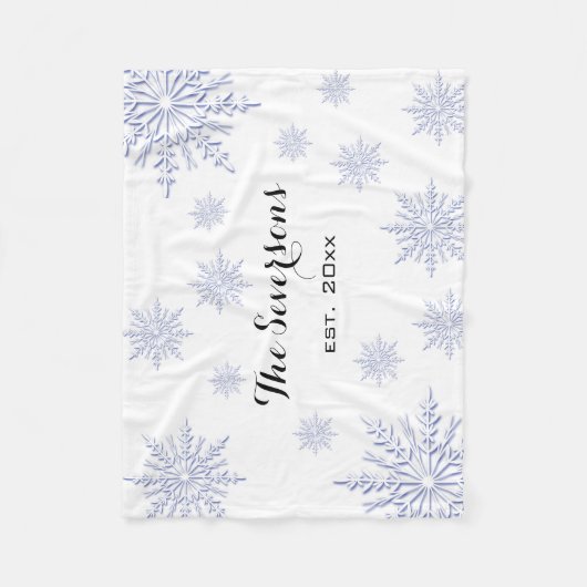 Blauwe Winter Sneeuwvlokken op Wit Fleece Deken (Voorkant)