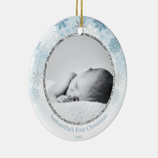 Blauwe winter Snowflake Baby's eerste Kerstmis Keramisch Ornament (Rechts)
