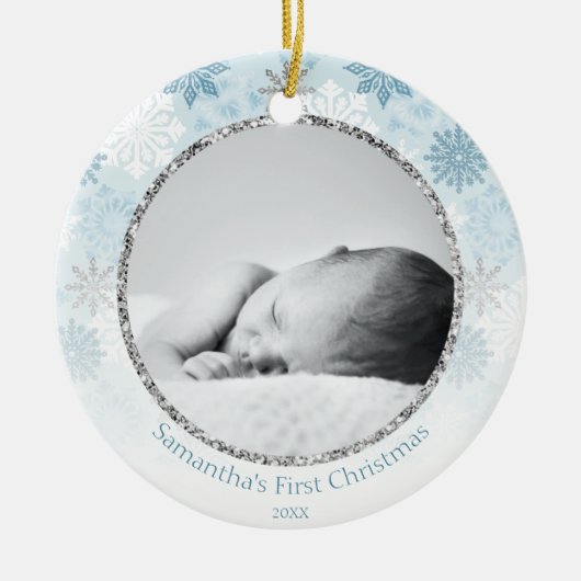 Blauwe winter Snowflake Baby's eerste Kerstmis Keramisch Ornament (Voorkant)