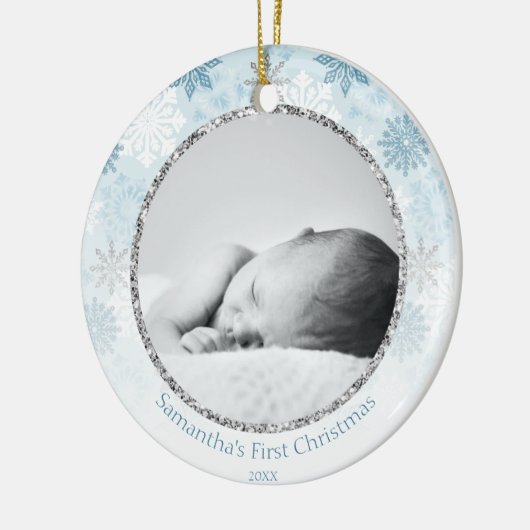 Blauwe winter Snowflake Baby's eerste Kerstmis Keramisch Ornament (Links)