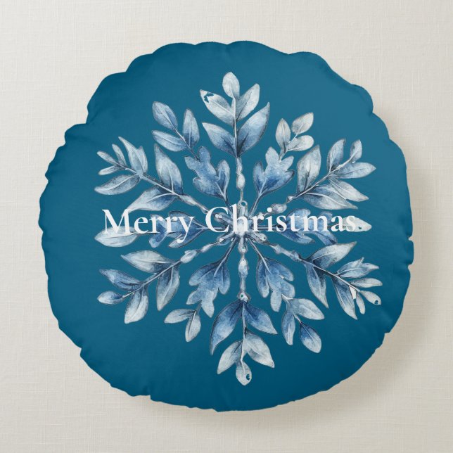 Blauwe winter Snowflake Kerstmis Rond Kussen (Voorkant)