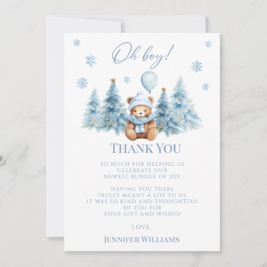 Blauwe Winter Teddy Bear Pine Trees Baby Boy Showe Bedankkaart (Voorkant)