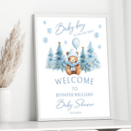 Blauwe Winter Teddy Bear Pine Trees Baby Boy Showe Poster