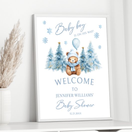 Blauwe Winter Teddy Bear Pine Trees Baby Boy Showe Poster