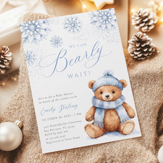 Blauwe Winter Teddybeer Babyshower Uitnodiging
