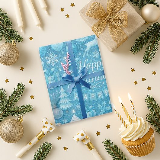 Blauwe Winter Verjaardag Cadeaupapier