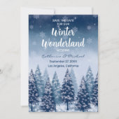 Blauwe Winter Wonderland Pijnboombos Kerstmis Save The Date (Voorkant)