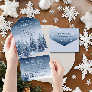 Blauwe Winter Wonderland Pine Kerstbruiloft All In One Uitnodiging
