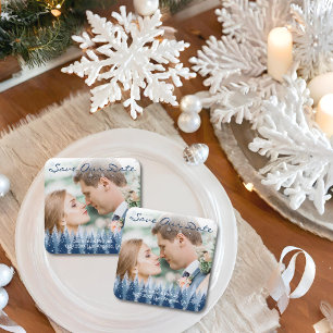 Blauwe Winter Wonderland Pine Kerstbruiloft Kartonnen Onderzetters